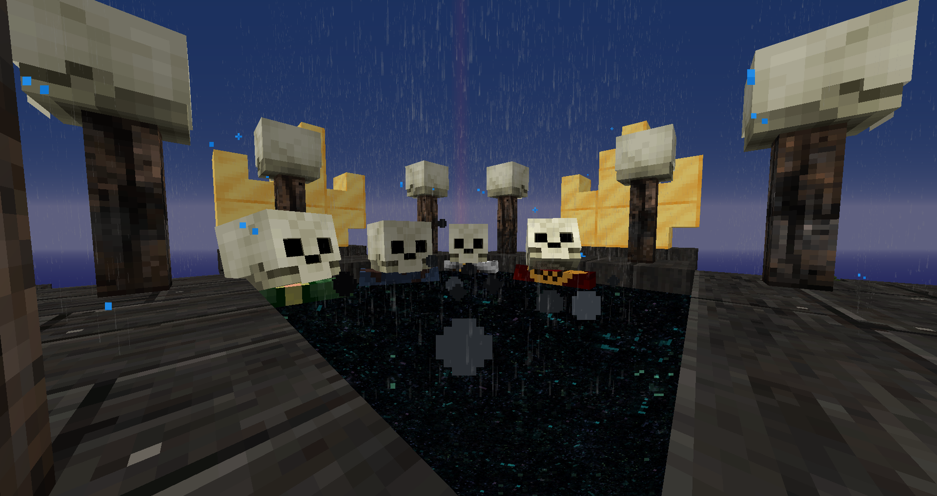 Screenshot competition submission of players wearing matching skull heads, made by Evie